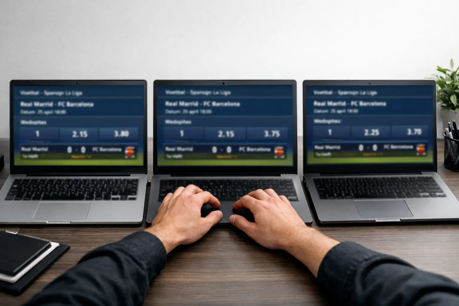 Meerdere laptopschermen tonen odds van verschillende bookmakers
