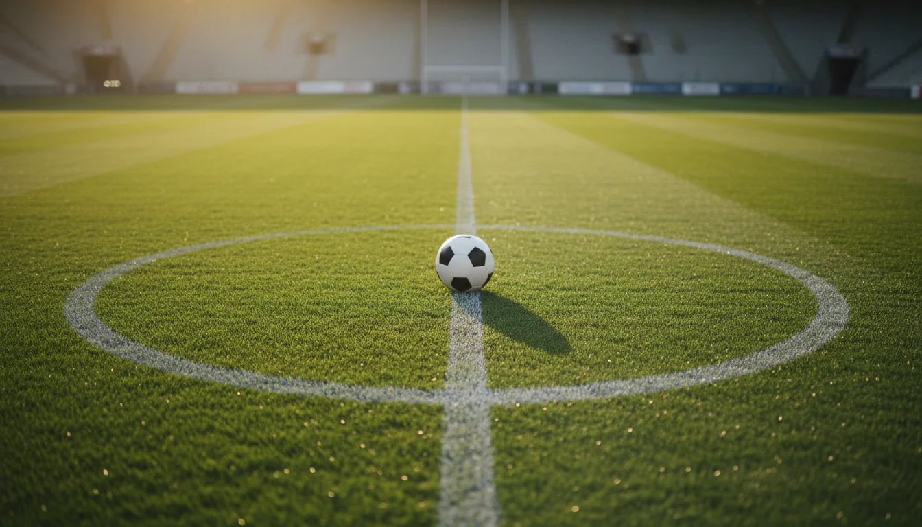 Close-up van een voetbalveld met witte krijtlijnen en een voetbal op de middenstip, scherp verlicht