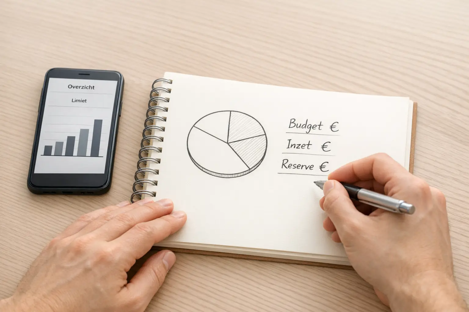 Persoon maakt een financieel overzicht in een notitieboek met eurosymbolen