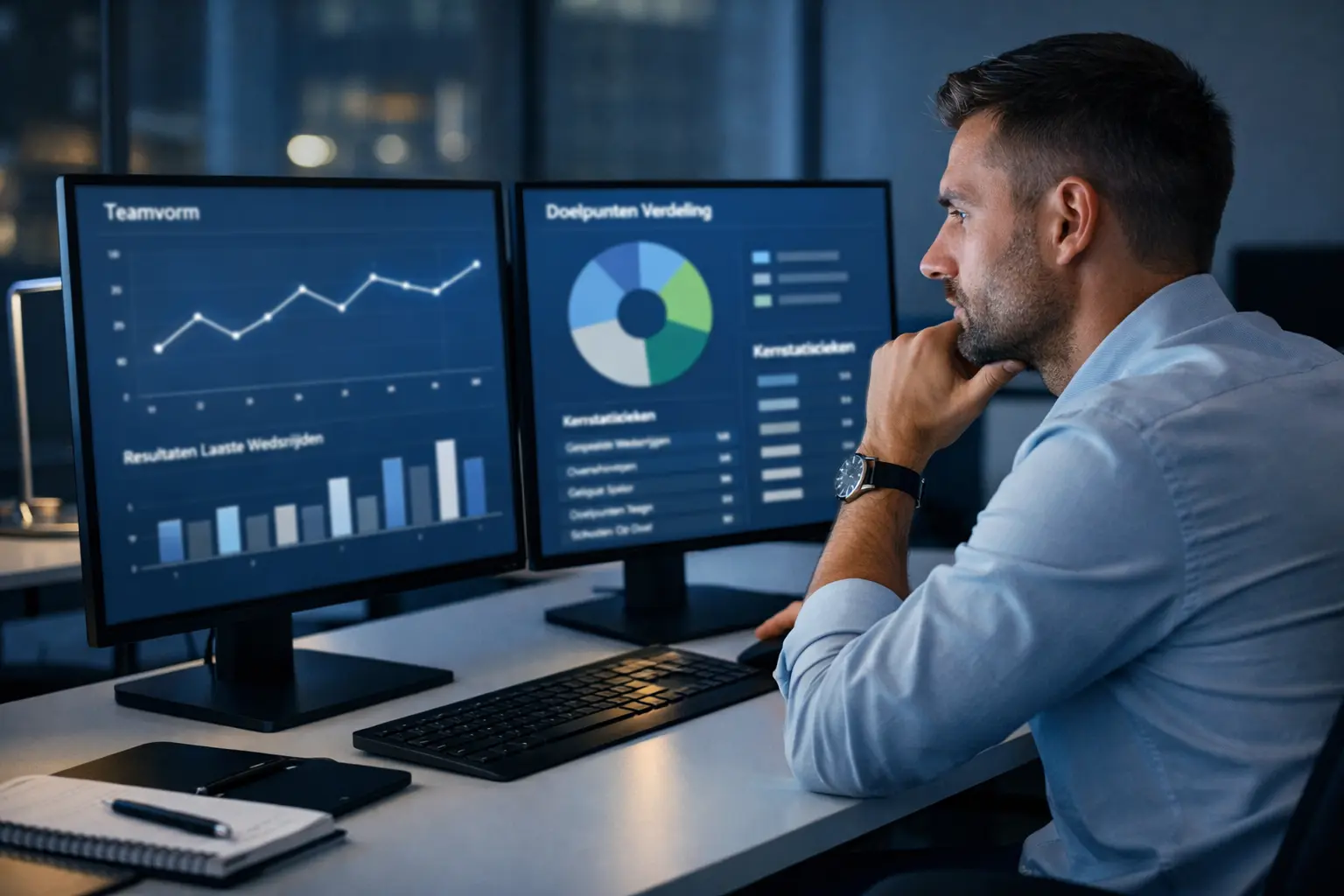 Analist bestudeert voetbalstatistieken op meerdere schermen