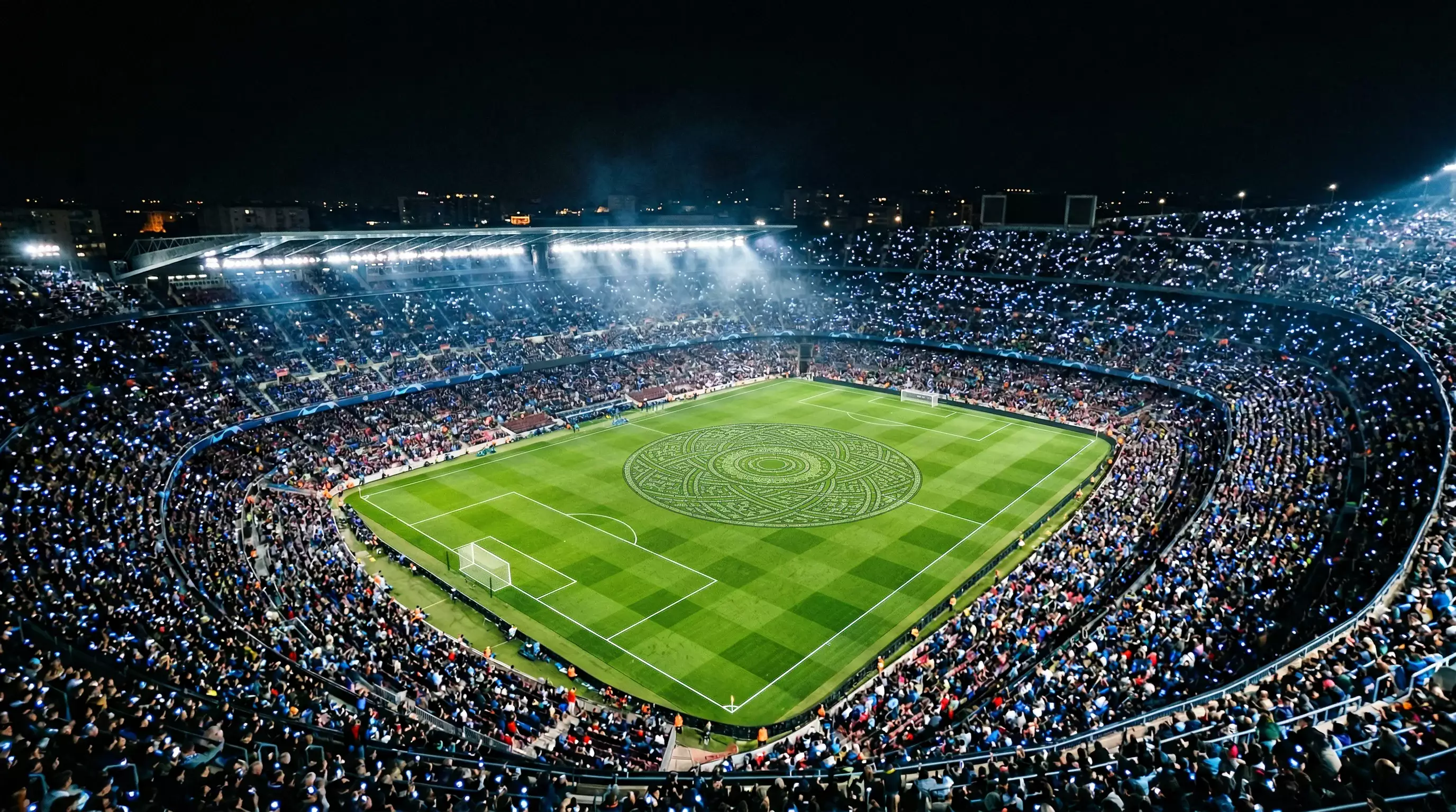 Europees voetbalstadion tijdens een Champions League-avondwedstrijd met felle stadionlichten en een groen veld