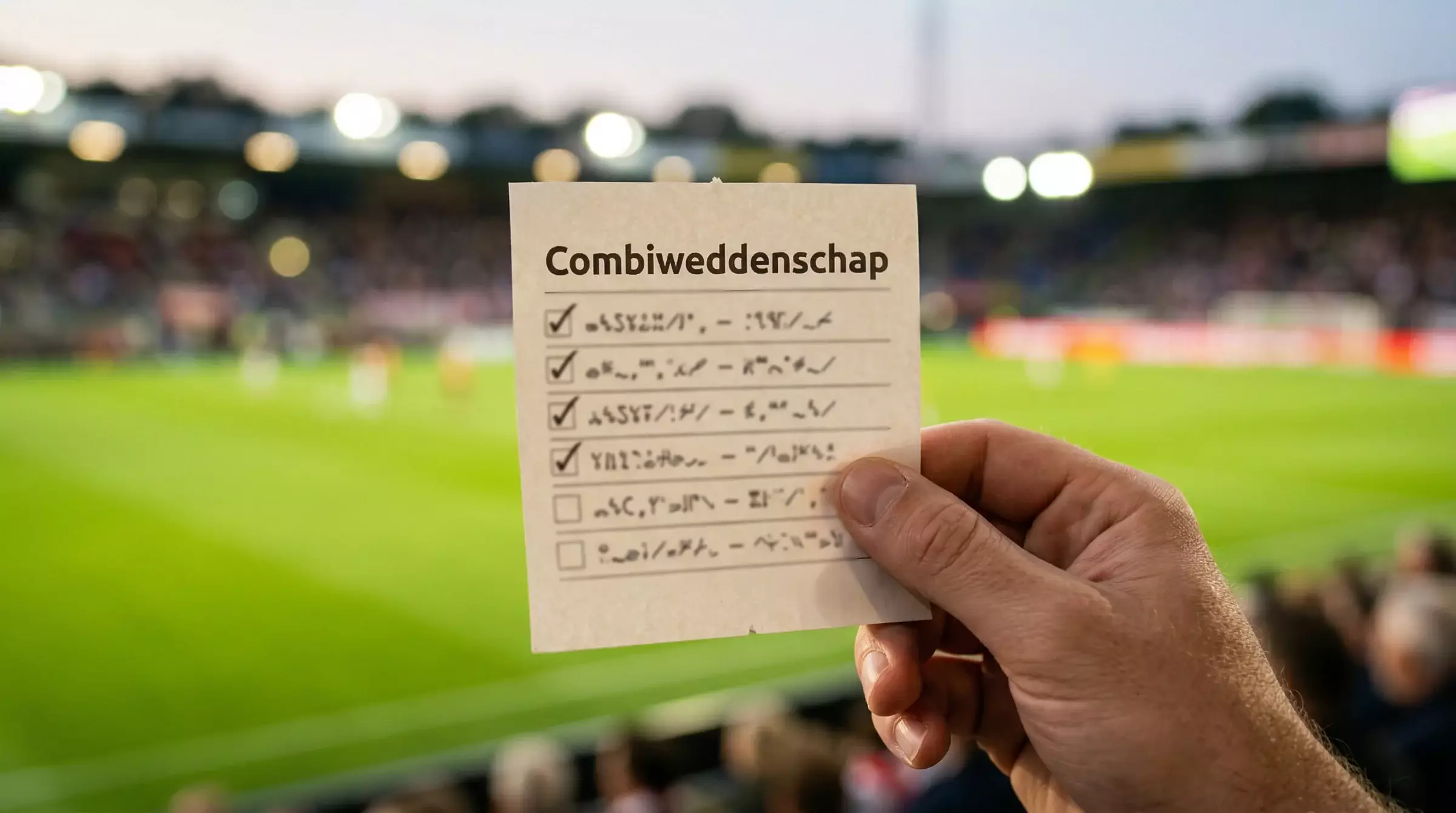 Hand met wedformulier naast een voetbalveld met meerdere wedstrijden