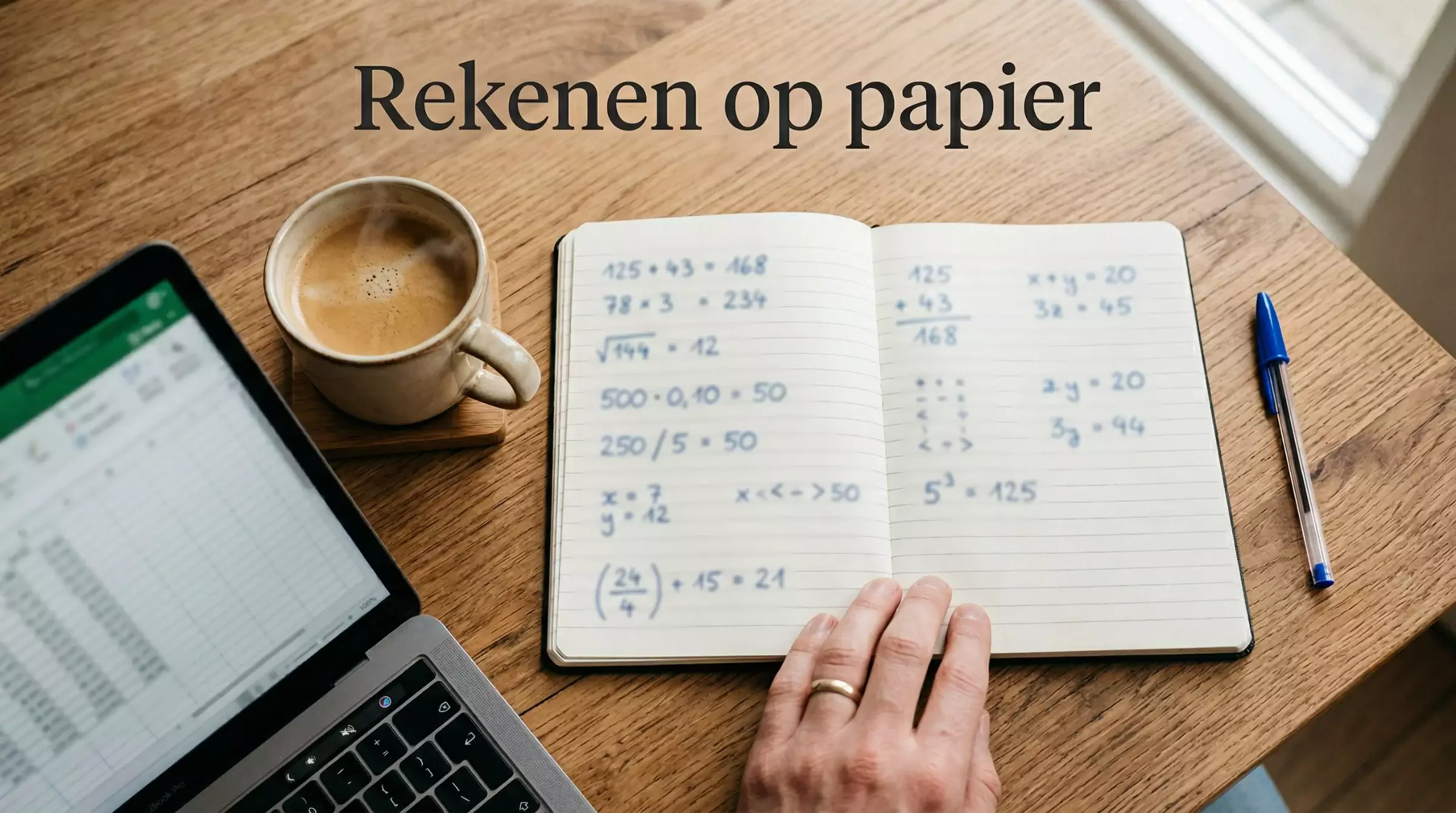 Persoon die berekeningen maakt met pen en notitieboek naast een laptopscherm