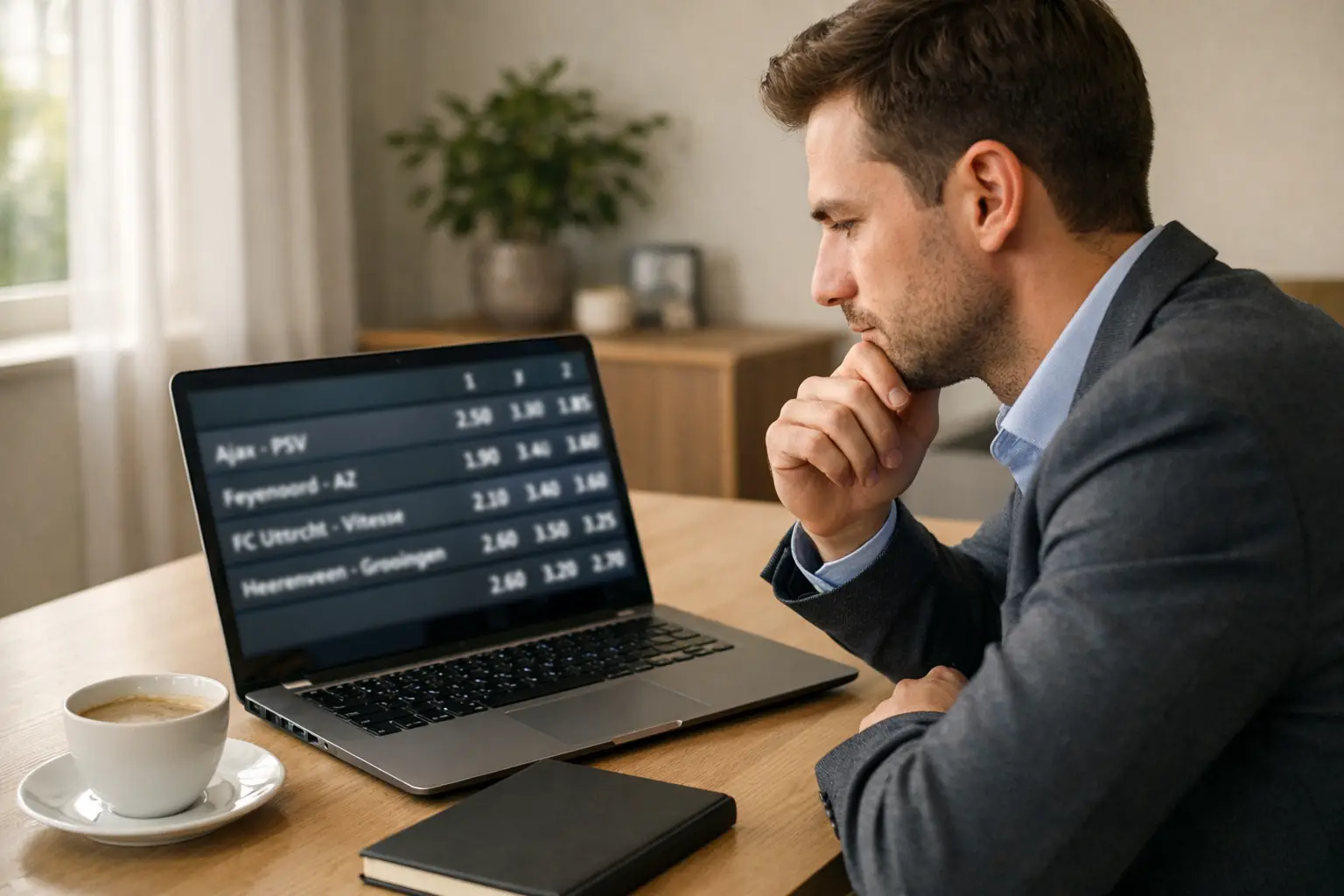 Persoon analyseert decimale odds op laptop