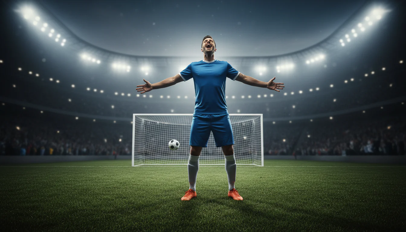 Voetbalspeler die juicht na het scoren van een doelpunt op een groen grasveld