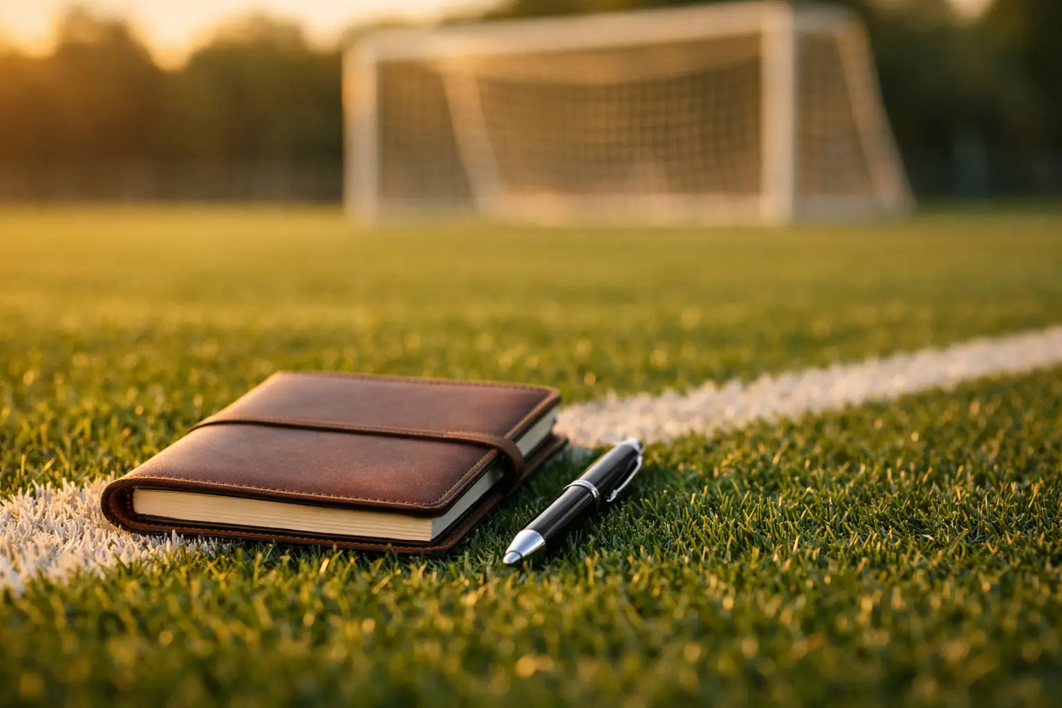 Voetbalveld met notitieboekje en pen voor wedplanning