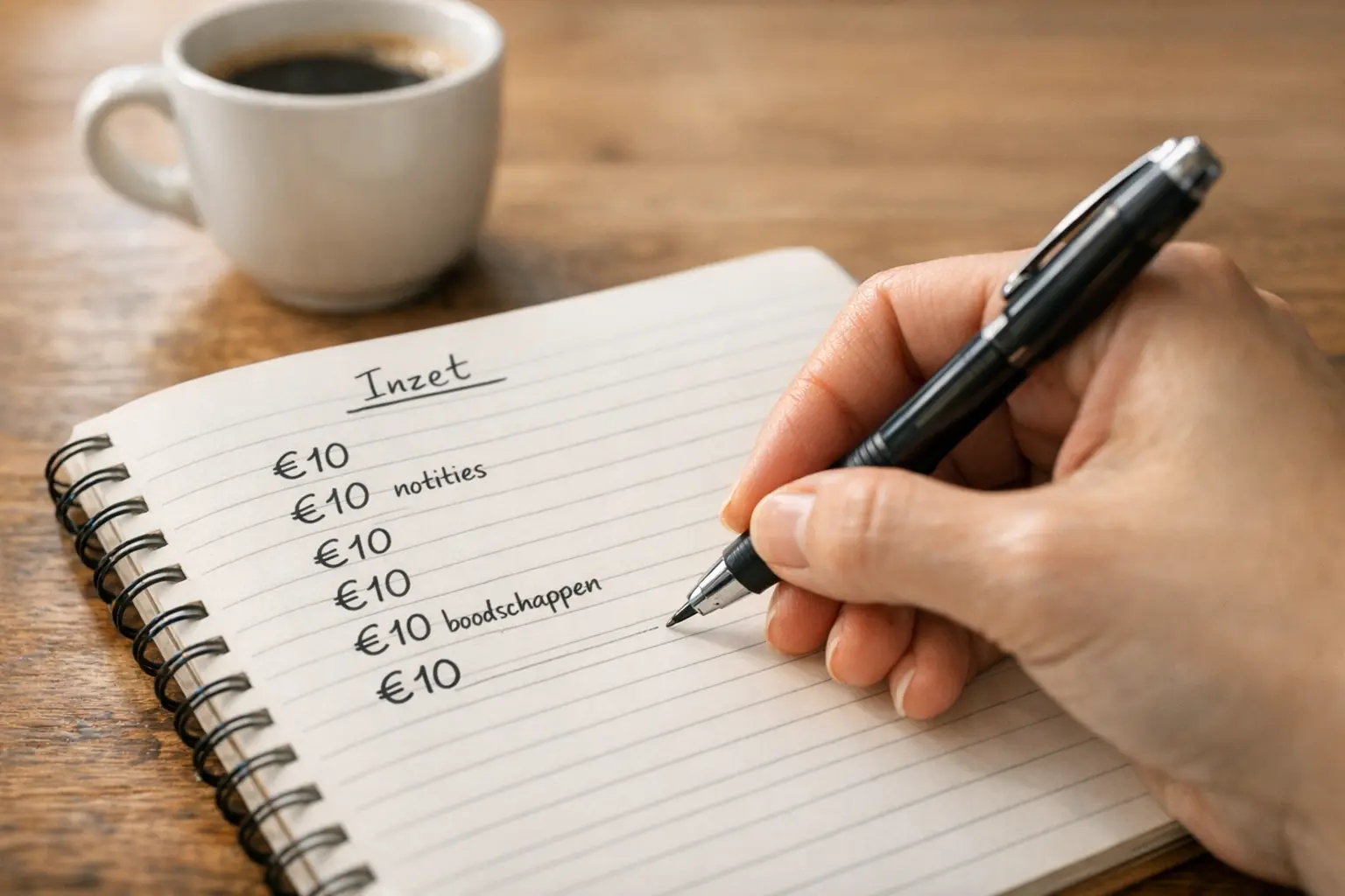 Hand schrijft bedragen in een financieel notitieboekje