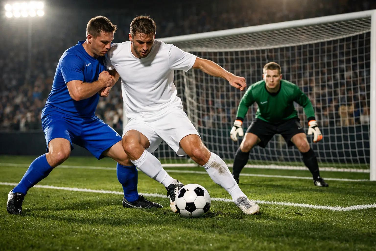 Voetbalwedstrijd met aanvallende actie in het strafschopgebied