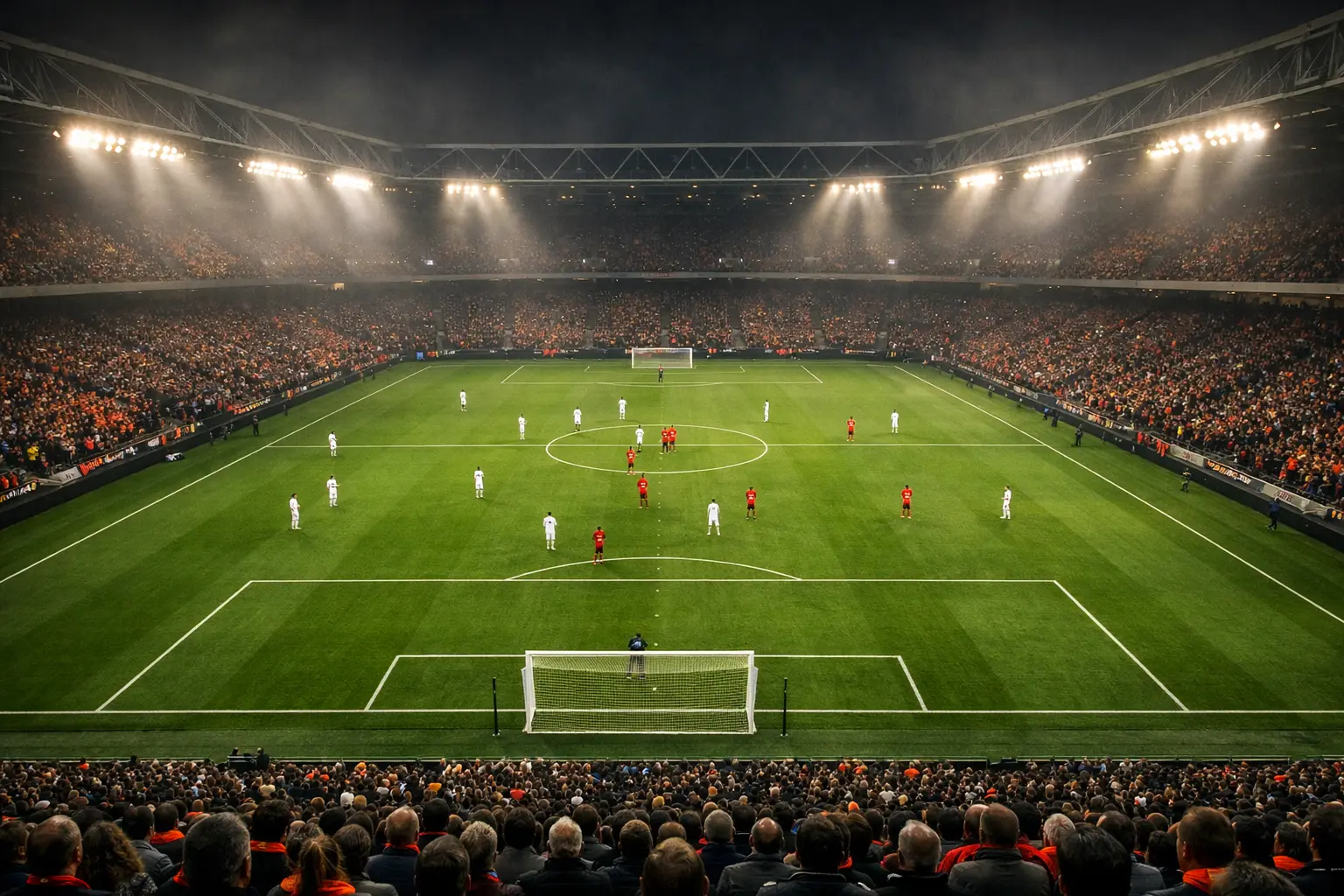 Voetbalstadion met supporters tijdens een Eredivisie wedstrijd