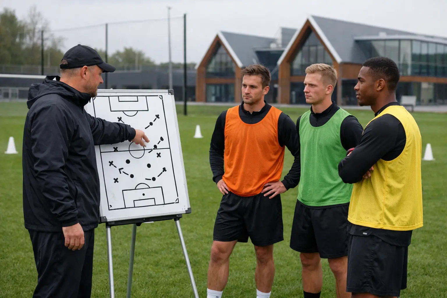 Voetbalcoach bespreekt tactiek met spelers op het trainingsveld
