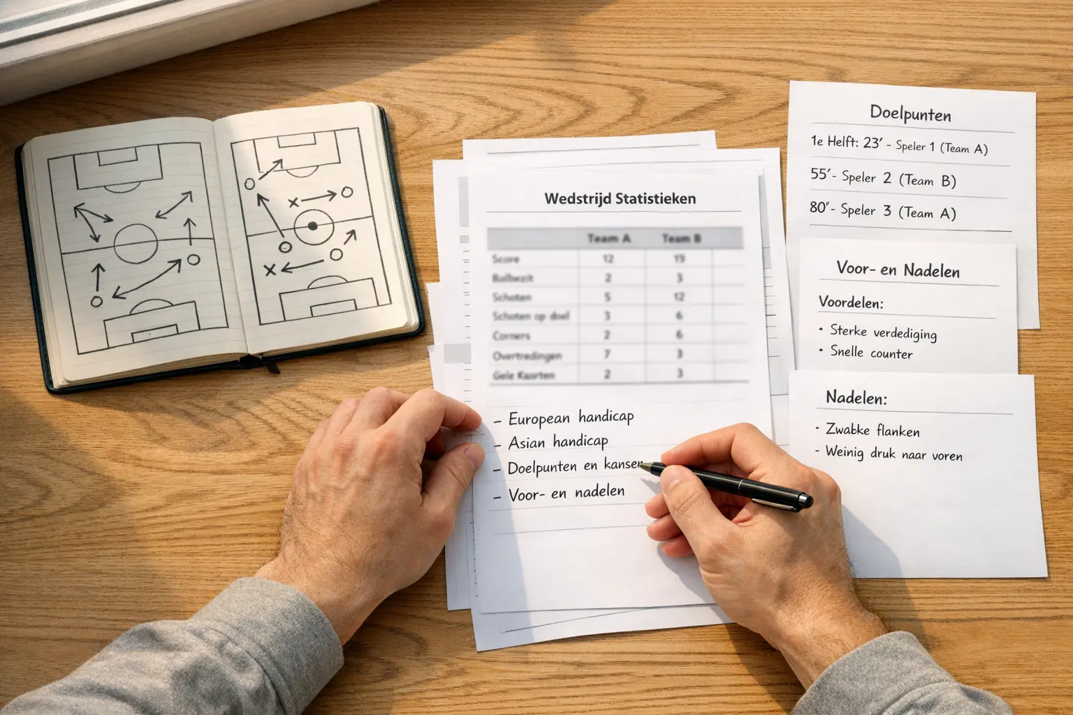 Persoon analyseert voetbalstatistieken met notities en documenten