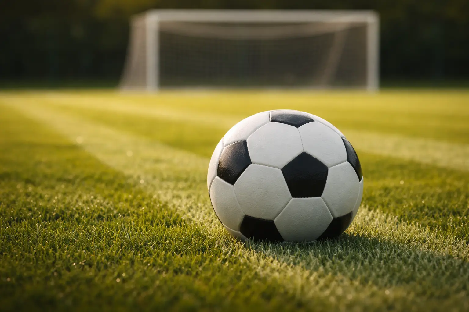 Voetbal op grasmat met doelpaal op achtergrond