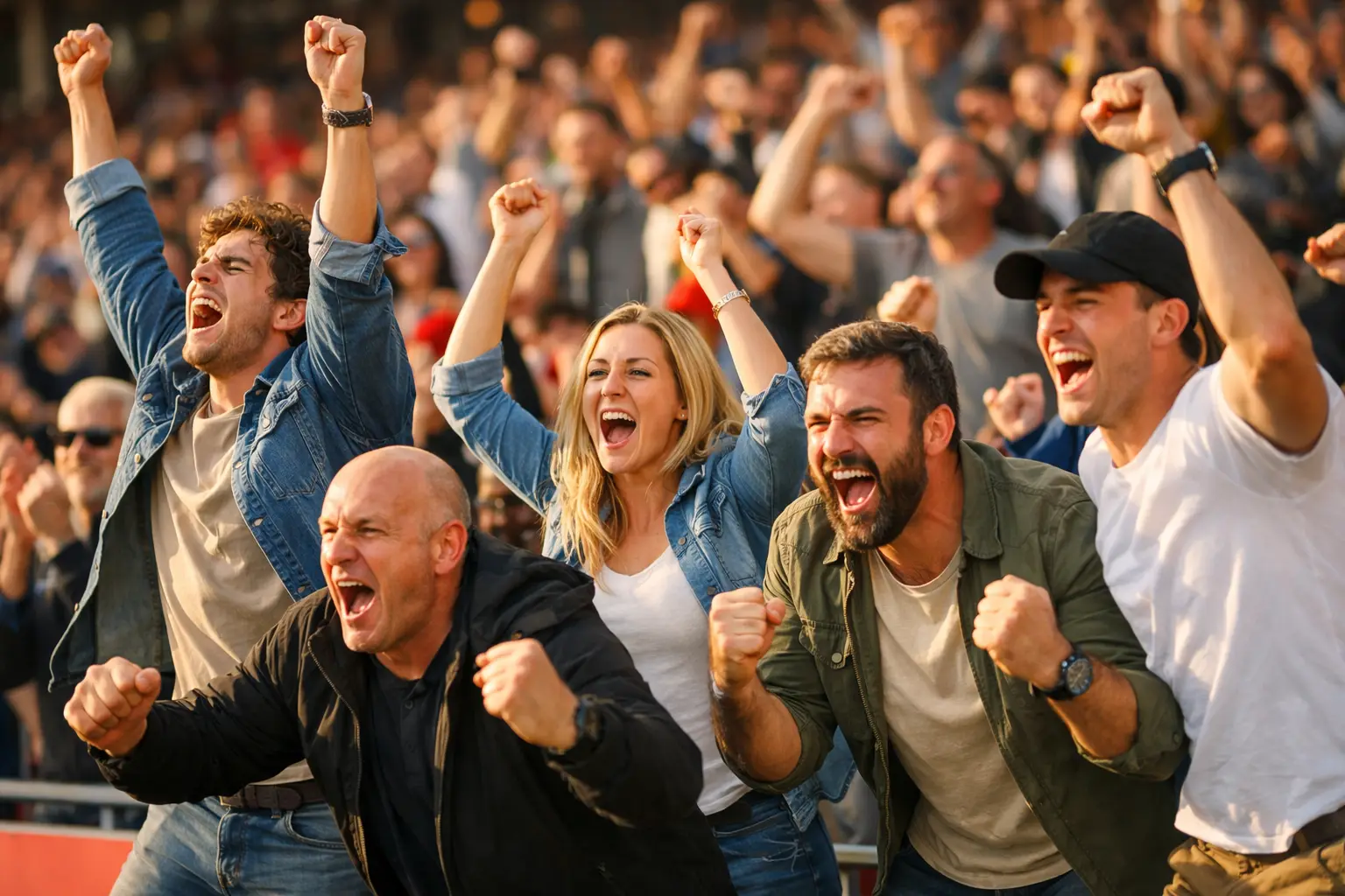 Voetbalwedstrijd in vol stadion met juichende toeschouwers