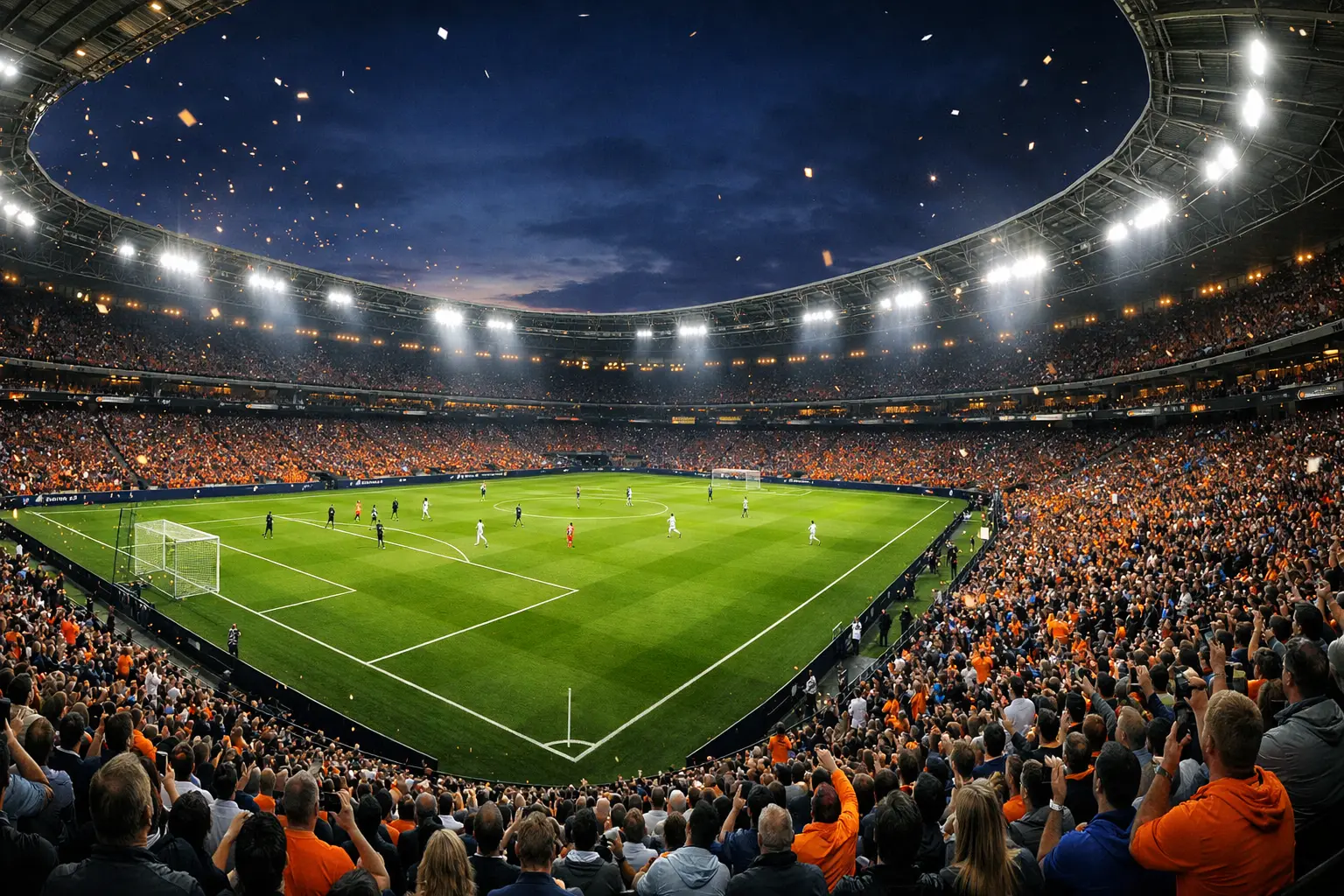 Eredivisie stadion sfeerbeeld met supporters en groene grasmat