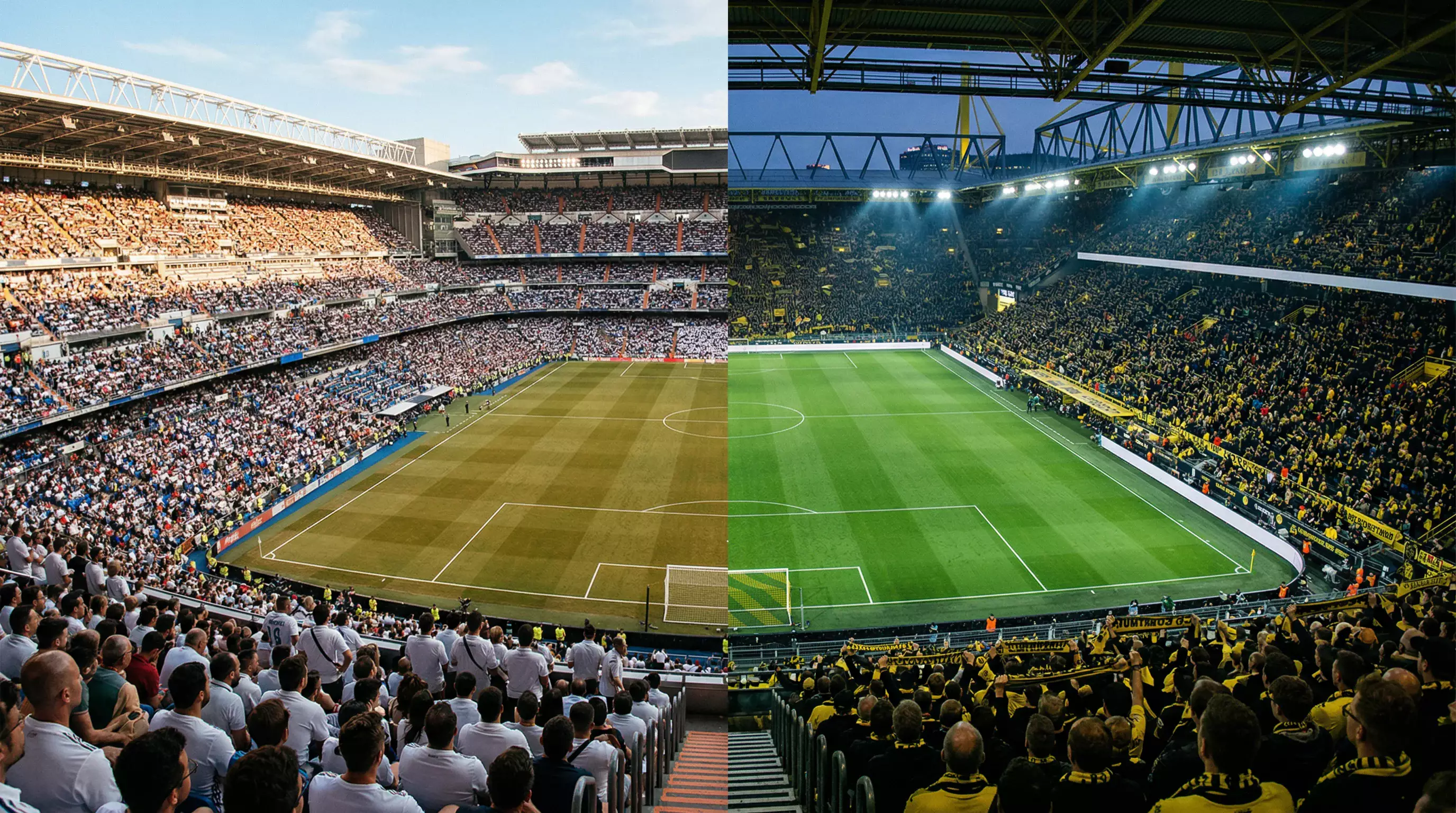 Twee voetbalvelden naast elkaar: een Spaans stadion in zonlicht en een Duits stadion bij avondlicht