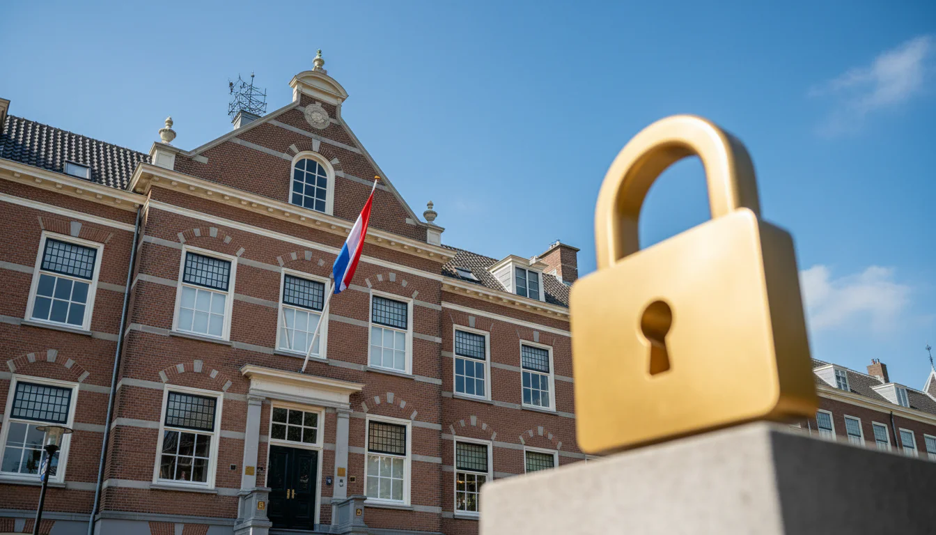 Nederlands overheidsgebouw met een veiligheidsslot-symbool op de voorgrond