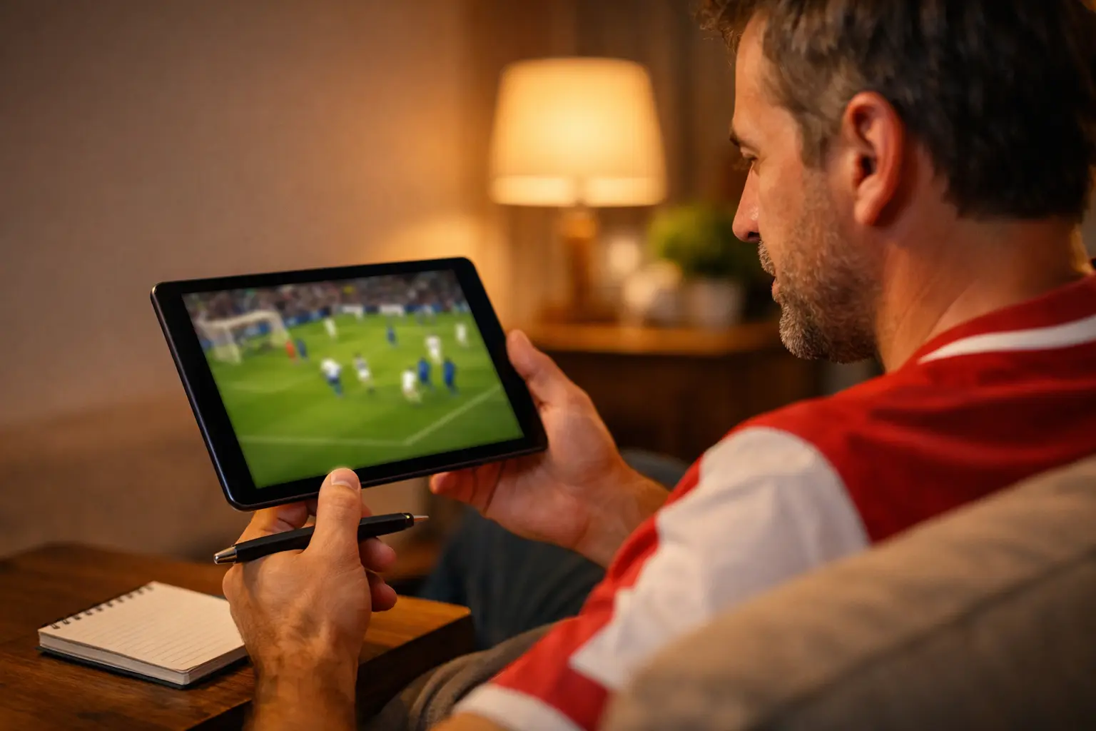 Voetbalfan volgt live wedstrijd op tablet terwijl hij aantekeningen maakt