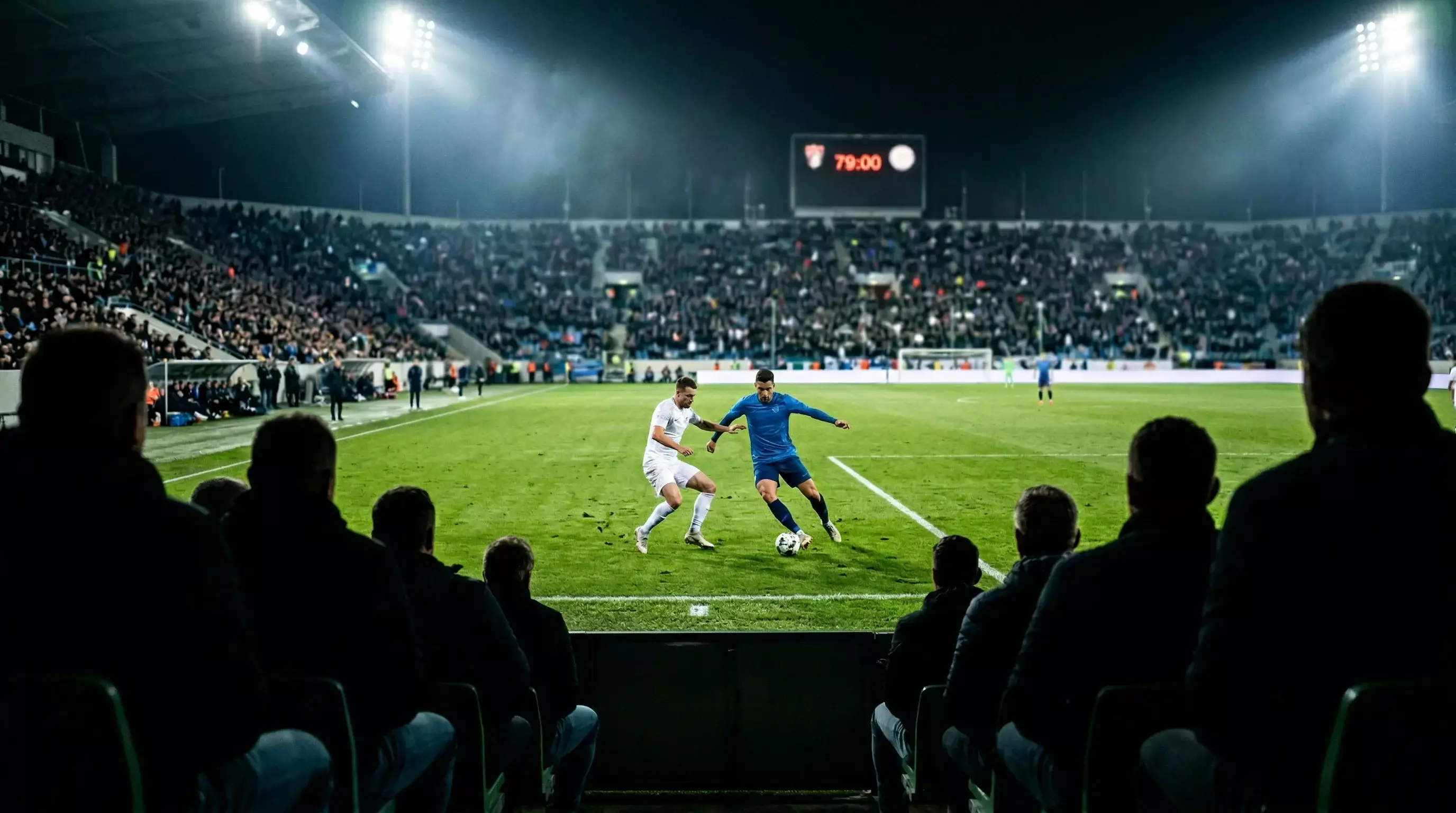 Voetbalwedstrijd in actie gezien vanuit het stadion bij avondlicht