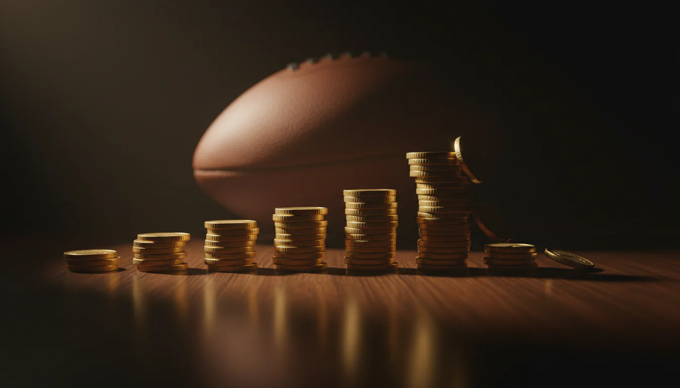 Gestapelde munten in oplopende hoogte op een donkere tafel