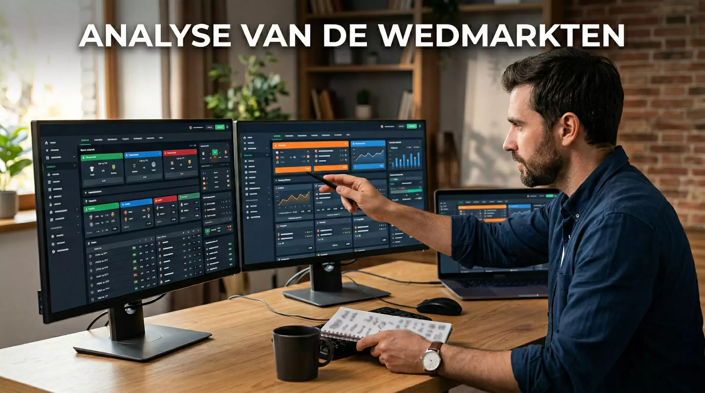 Persoon vergelijkt sportweddenschap-quoteringen op meerdere schermen