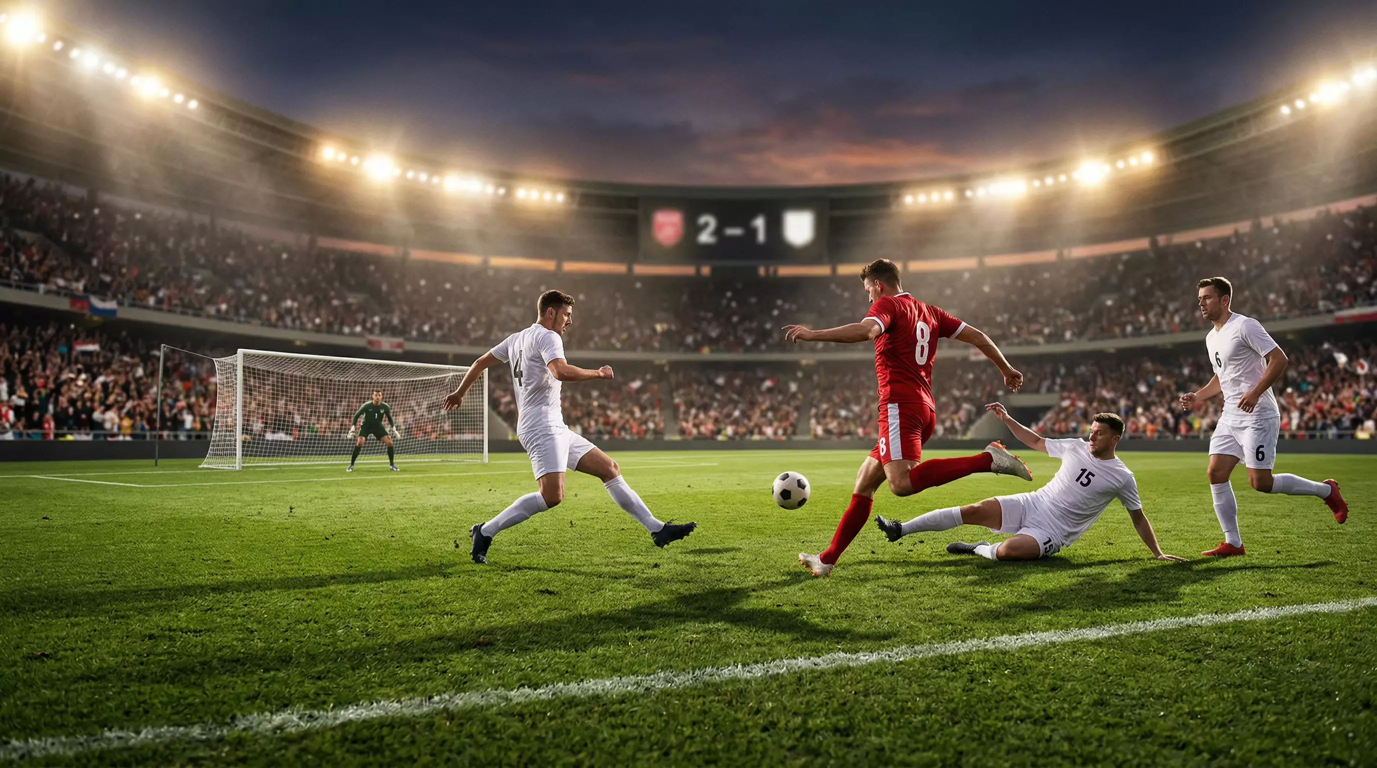 Voetbalstadion met scorebord tijdens een doelpuntrijke wedstrijd