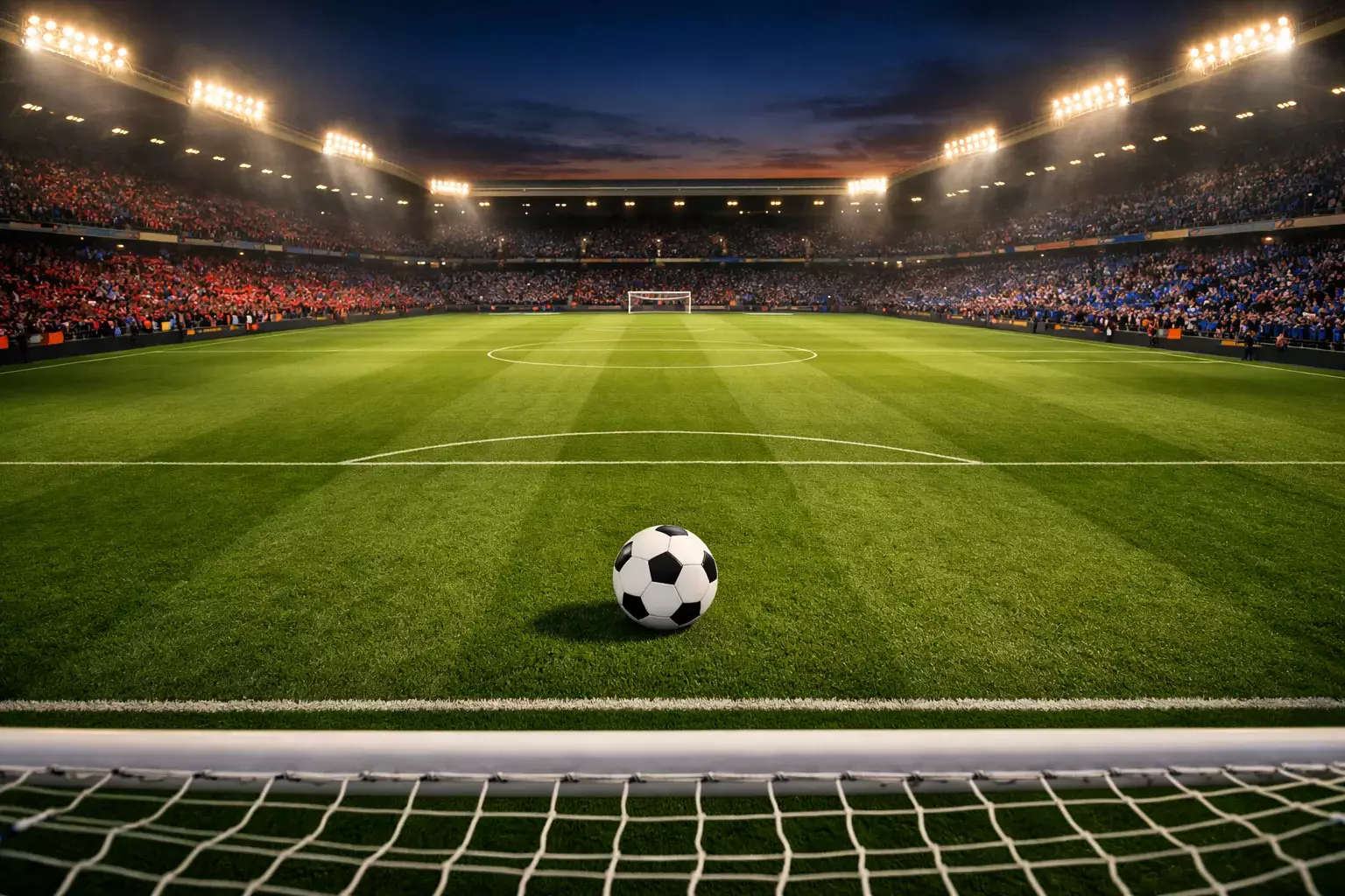 Voetbalstadion tijdens een Premier League-wedstrijd met volle tribunes en schijnwerpers op het groene veld