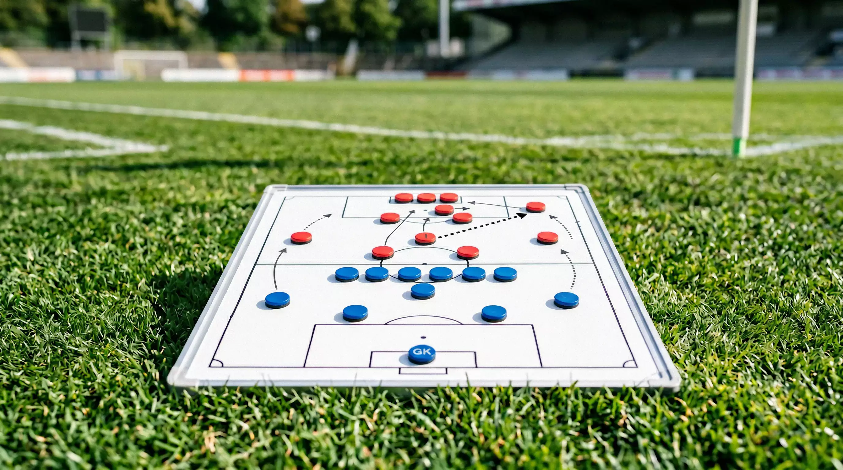 Voetbalveld met tactiekbord en wedstrijdopstellingen langs de zijlijn