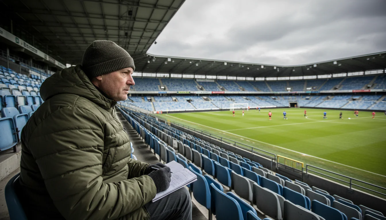 Voetbalscout bestudeert een wedstrijd aandachtig vanaf de tribune