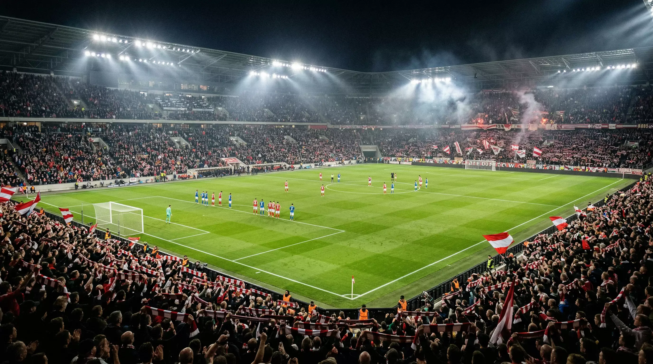 Vol voetbalstadion met enthousiast thuispubliek tijdens een avondwedstrijd