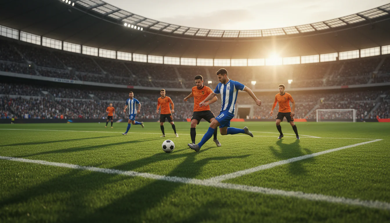 Voetbalwedstrijd op een groen veld met lichtinval over het stadion