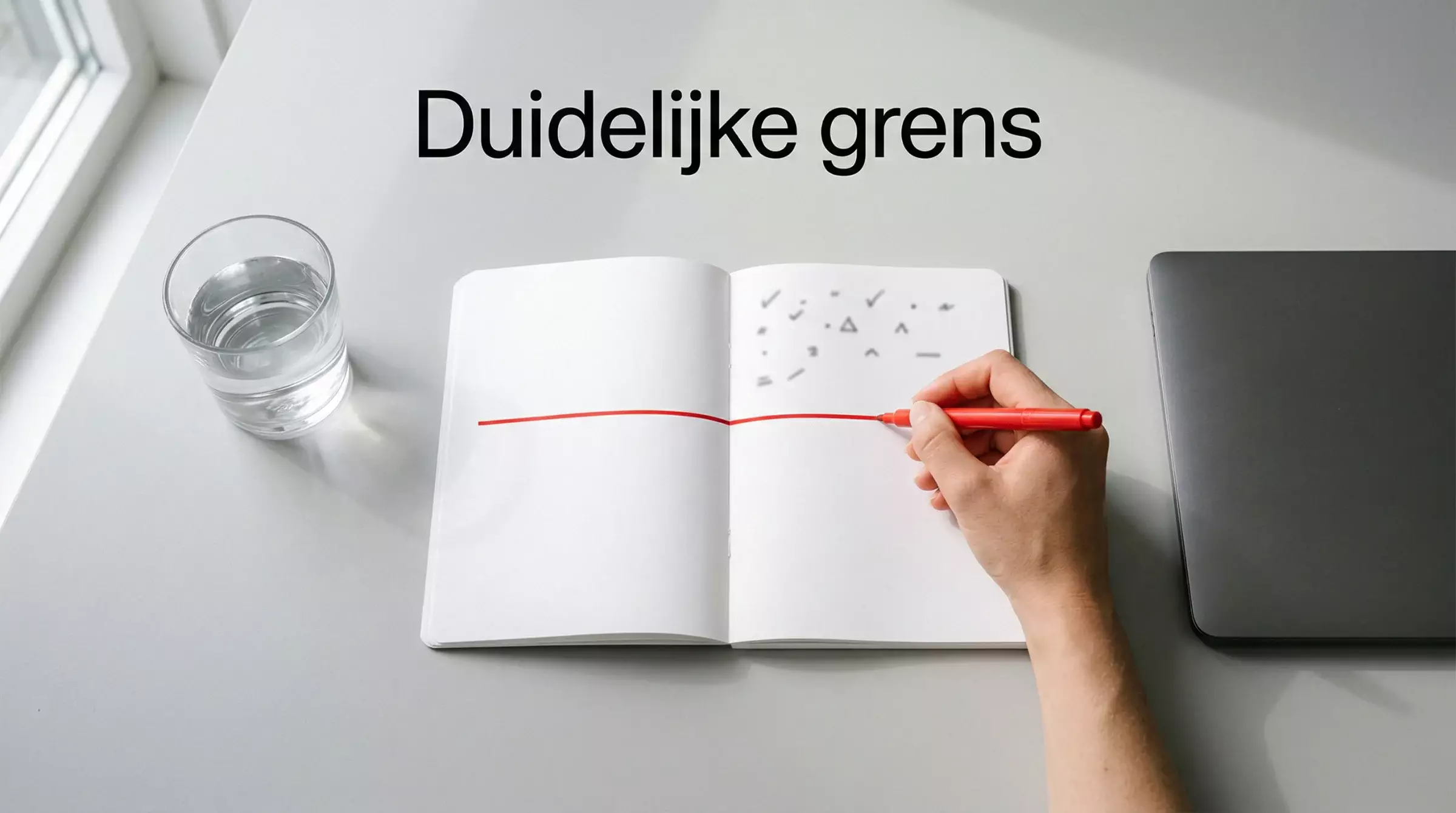 Hand die een rode lijn trekt in een notitieboek met de tekst 'Tot hier'