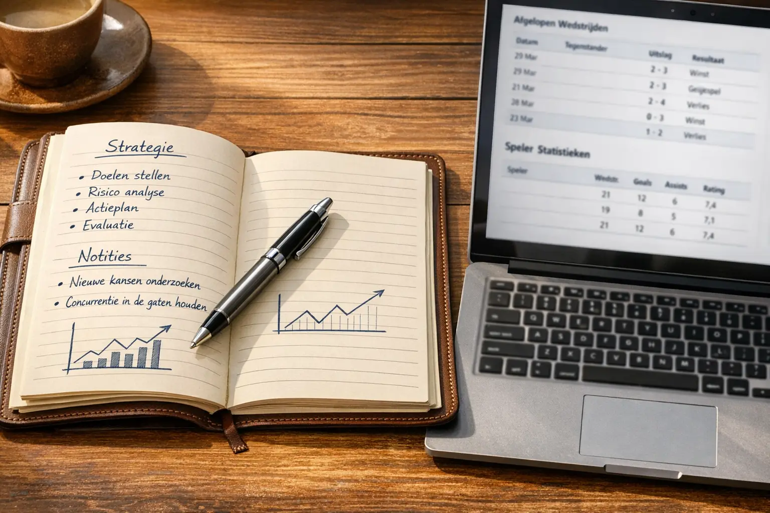 Notitieboek met wedstrategie aantekeningen naast een laptop met voetbalstatistieken