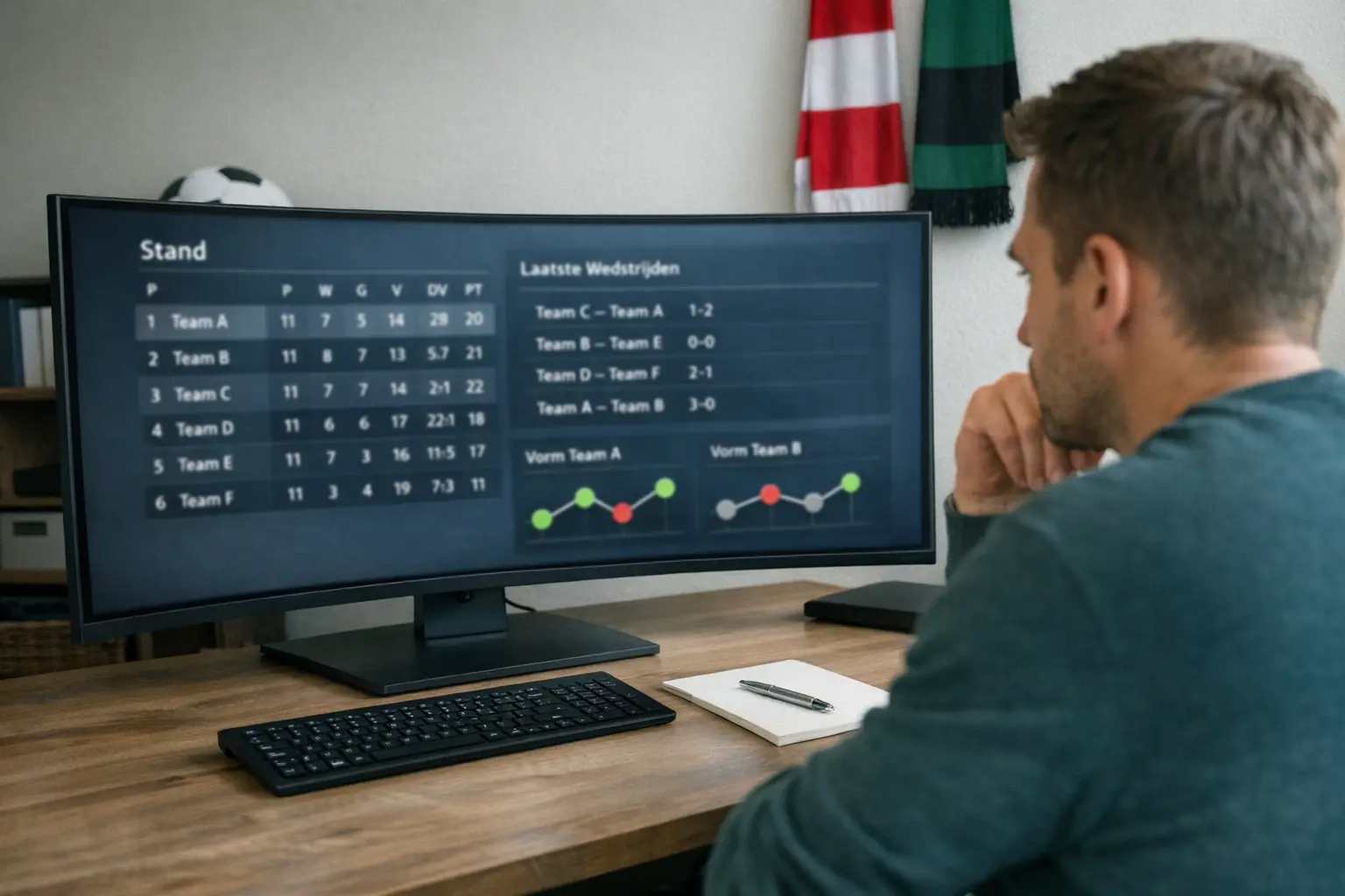 Expert bekijkt specifieke competitiestatistieken op groot scherm