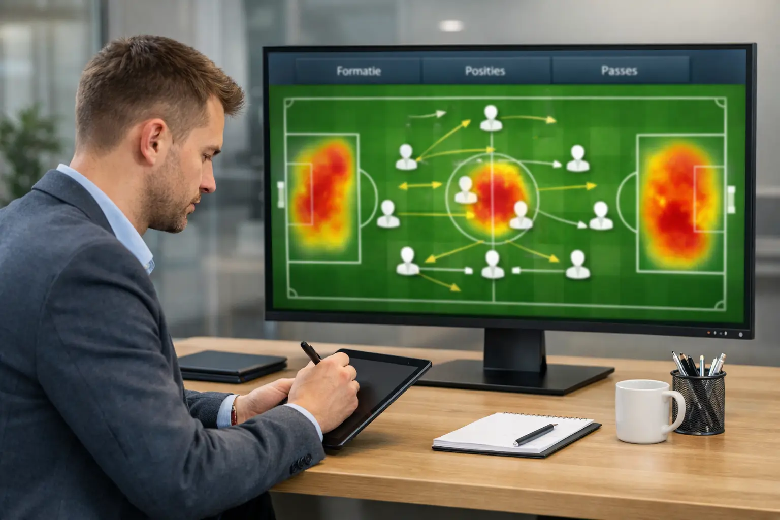 Analist bekijkt teamformaties en spelersstatistieken op een groot scherm