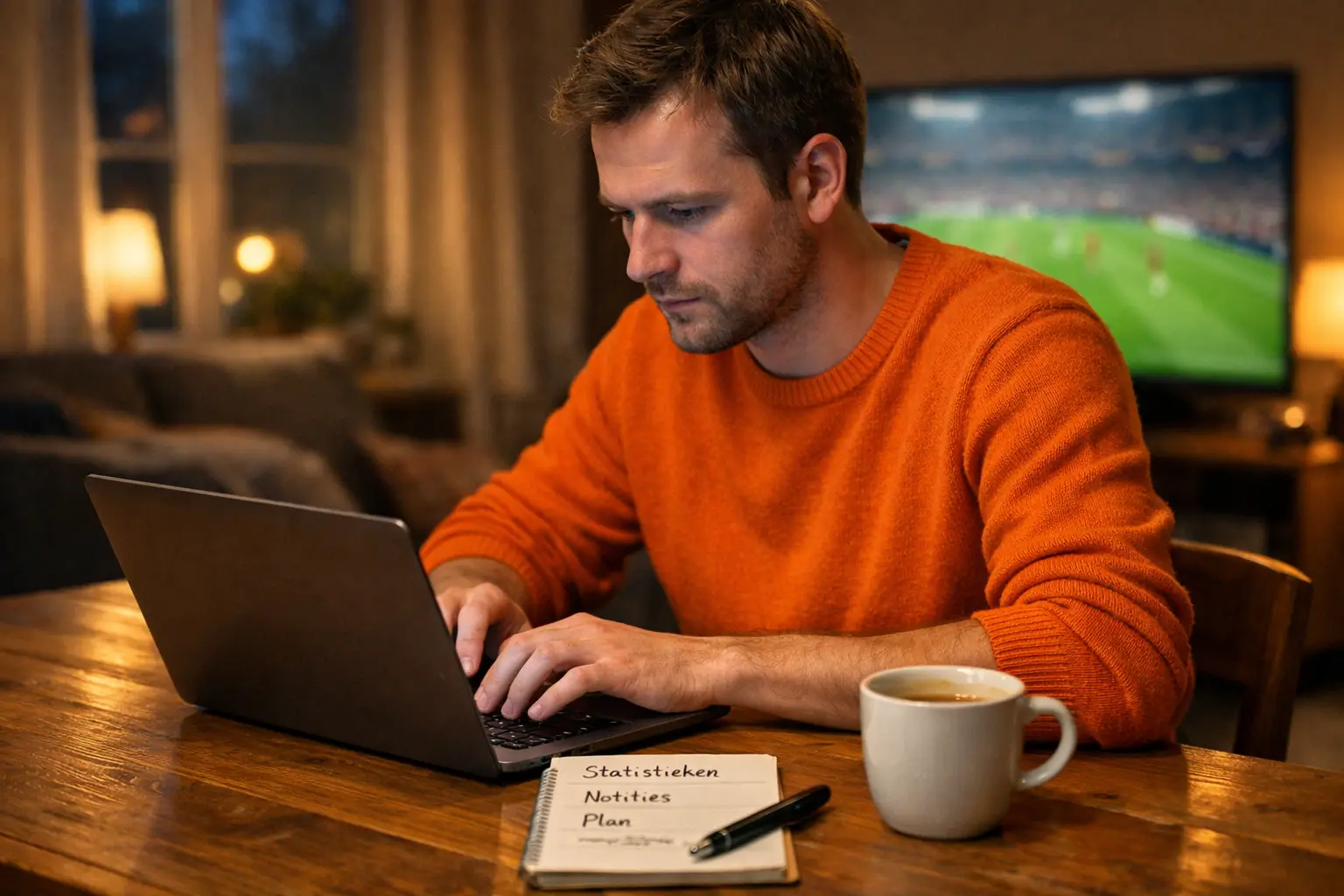 Voetbalfan bestudeert wedstrijdstatistieken op laptop met stadionsfeer op de achtergrond