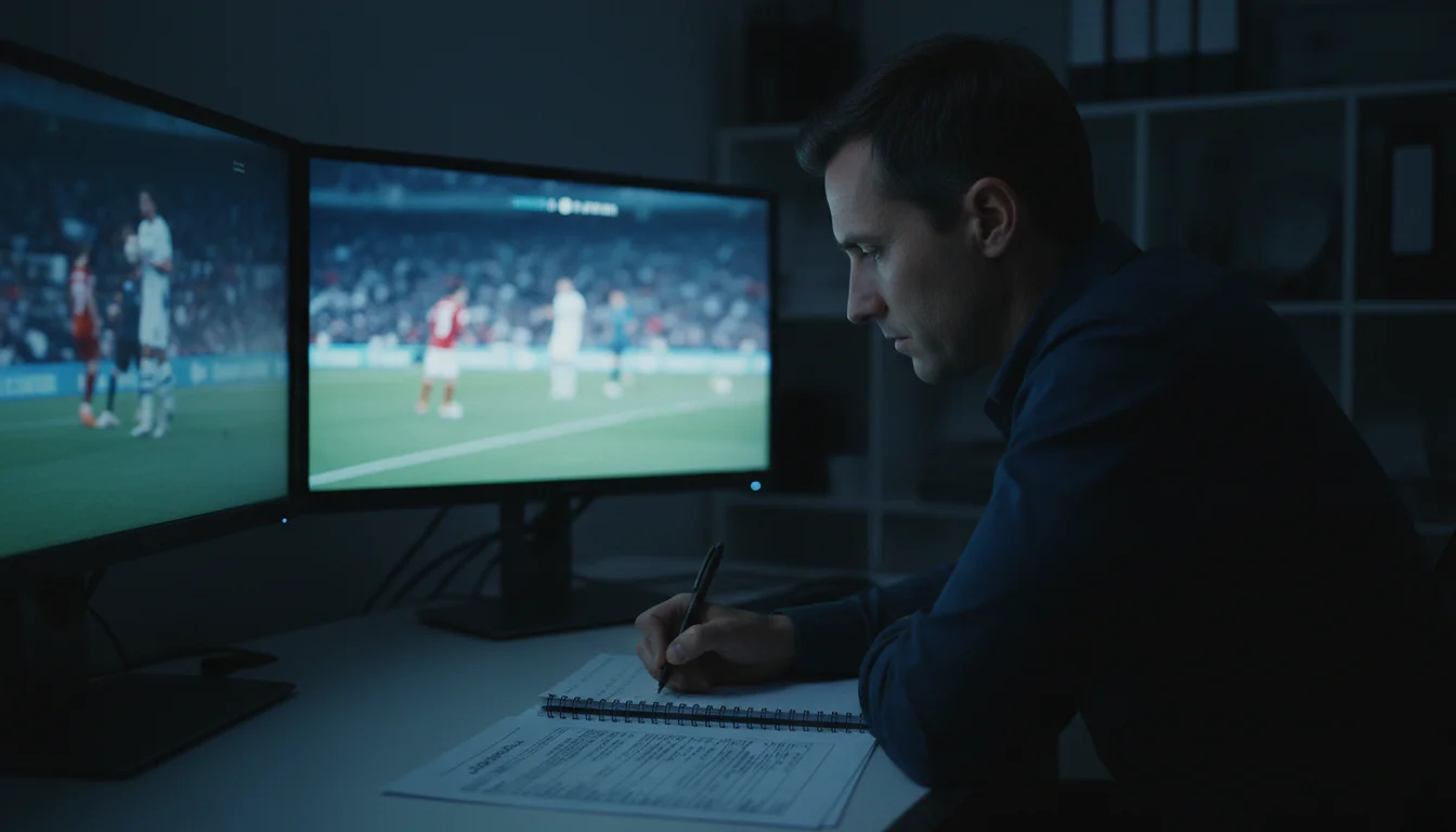 Analist bestudeert voetbalwedstrijdbeelden op meerdere schermen in een werkruimte