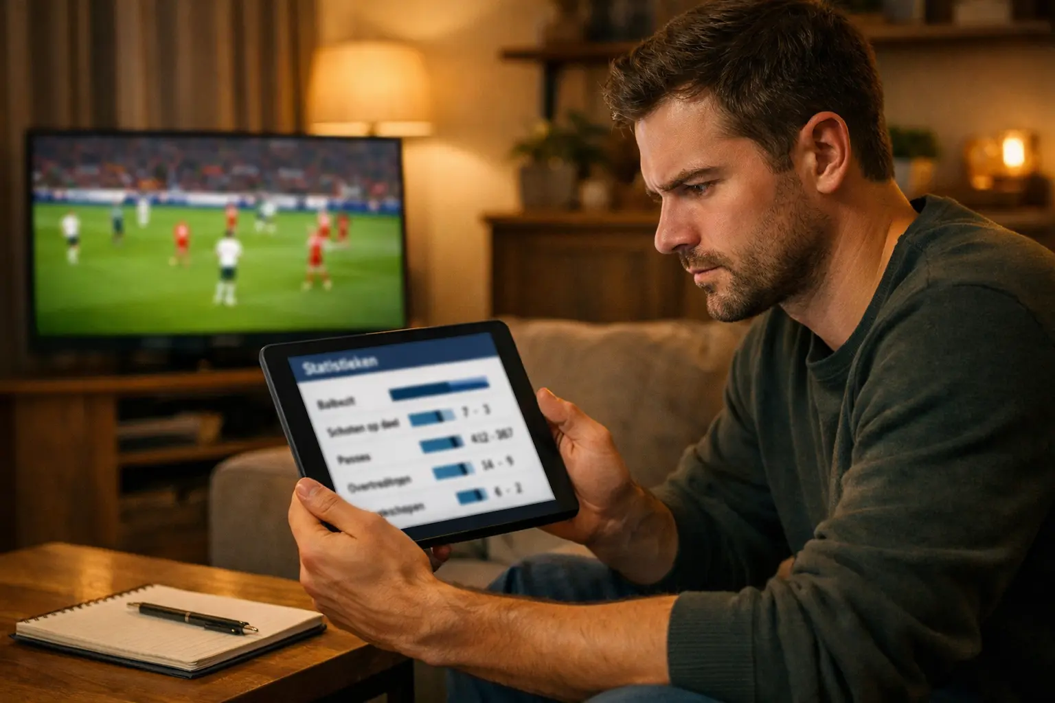 Voetbalfan bestudeert wedstrijdstatistieken op tablet