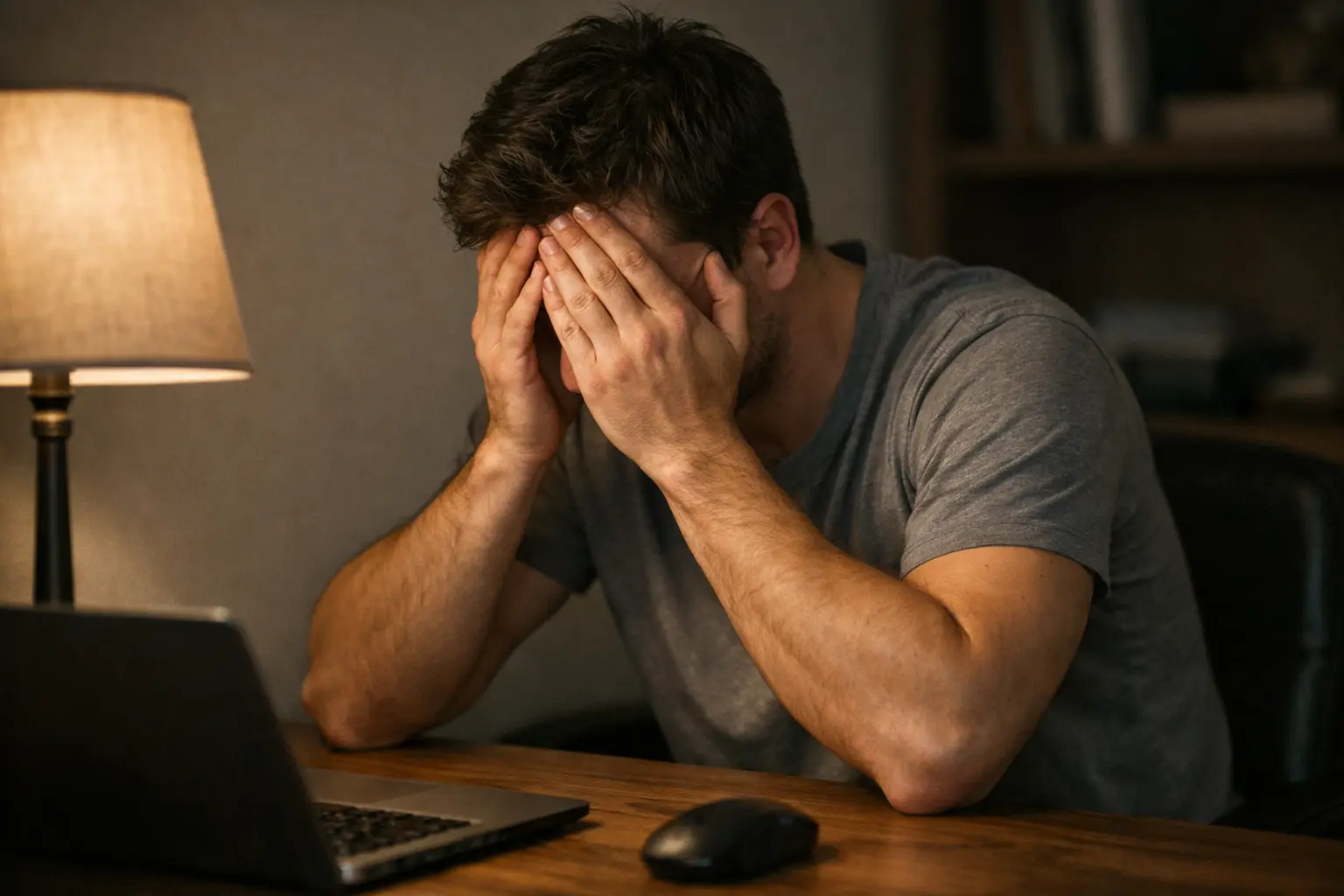 Gefrustreerde wedder met hoofd in handen bij computerscherm