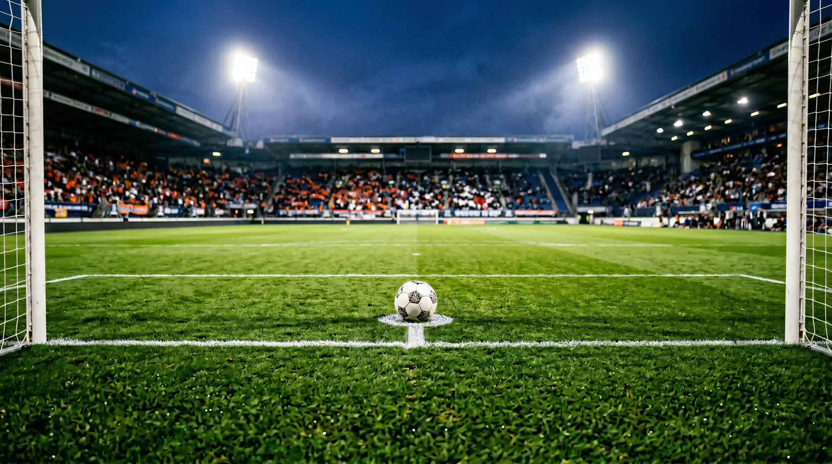 Nederlands voetbalveld met groene grasmat en witte lijnen tijdens een avondwedstrijd onder stadionlichten
