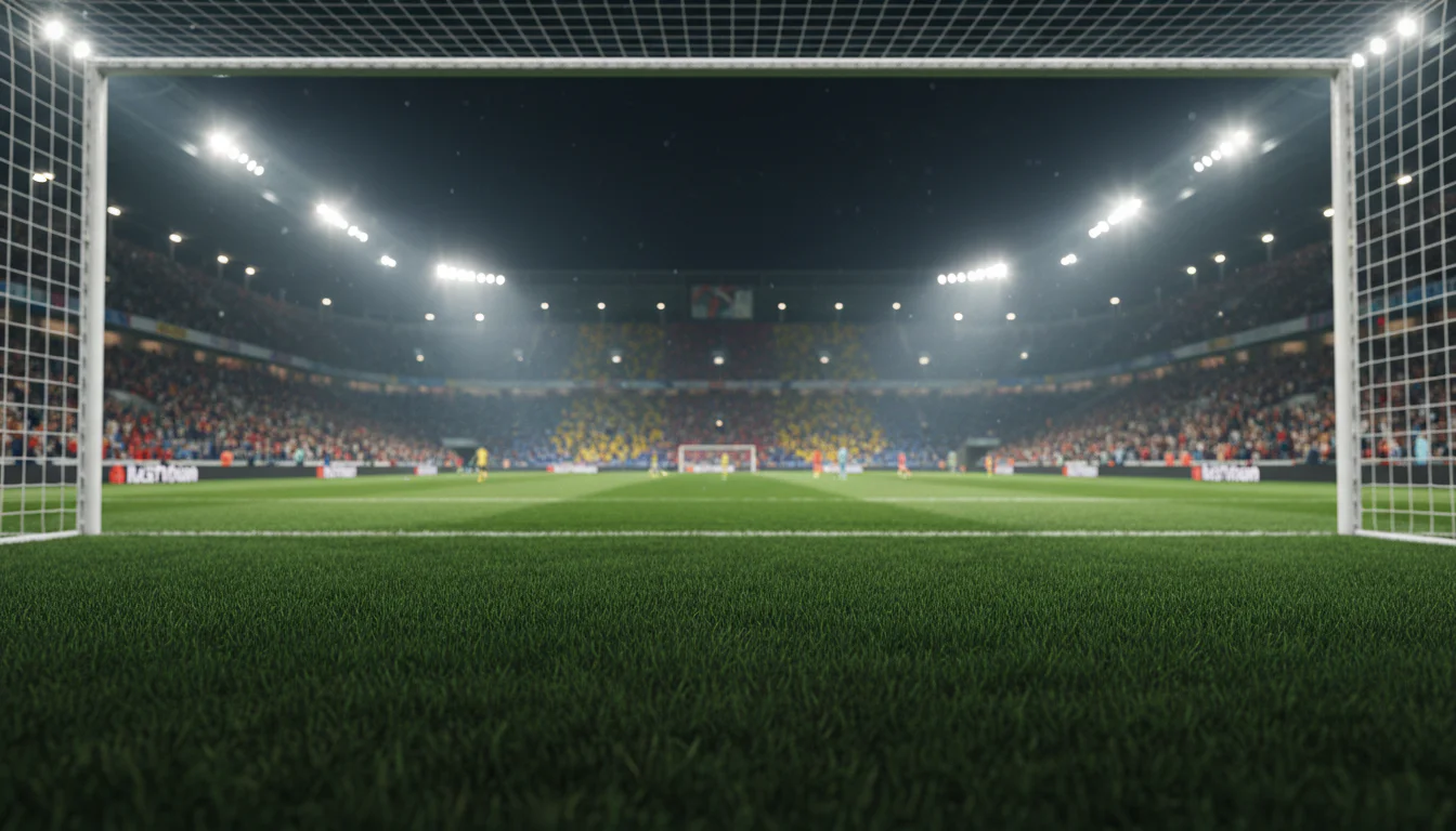 Voetbalstadion met fans tijdens een avondwedstrijd onder de schijnwerpers