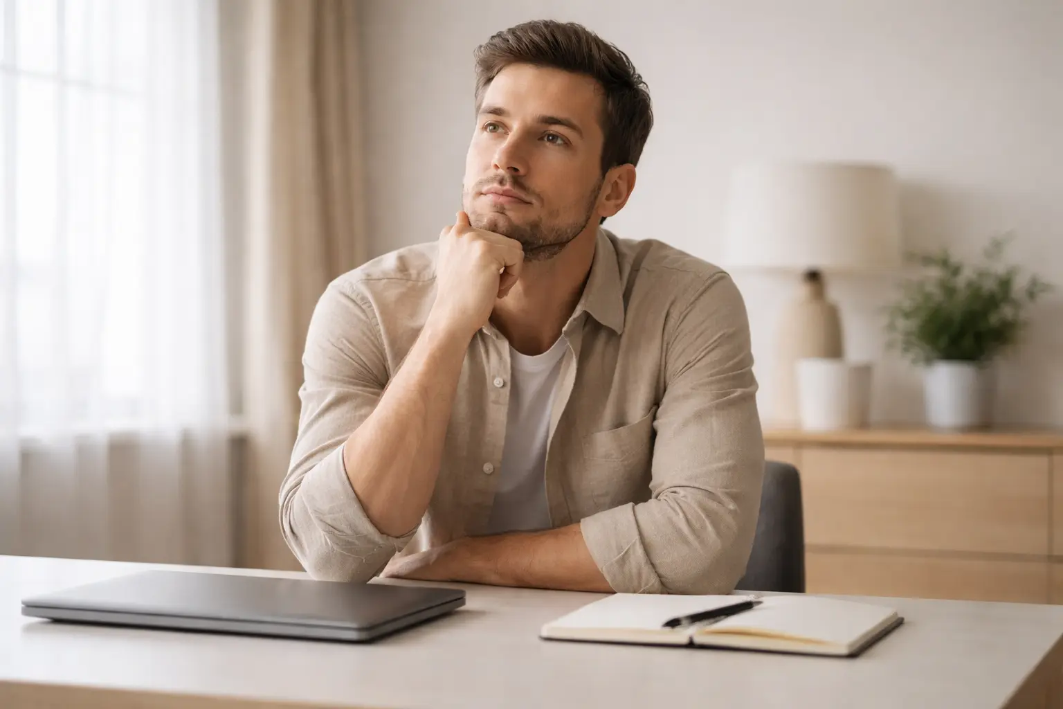 Nadenkende persoon maakt strategiekeuze bij bureau