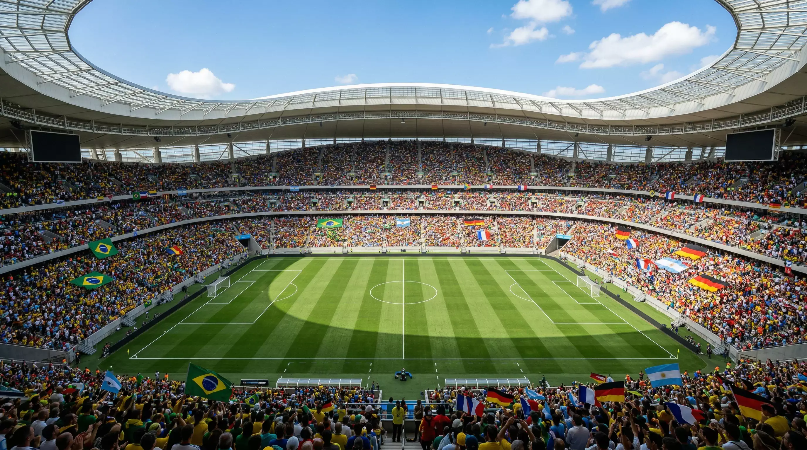 Groot internationaal voetbalstadion met vlaggen van verschillende landen en een groen speelveld klaar voor een WK-wedstrijd